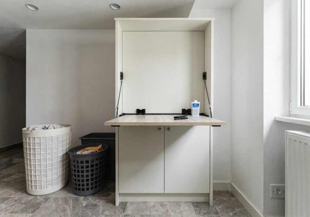 Hidden Murphy-style folding table built into laundry room cabinetry