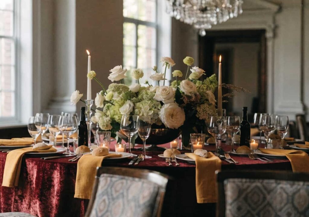 Bold burgundy and mustard color palette for a unique wedding reception table