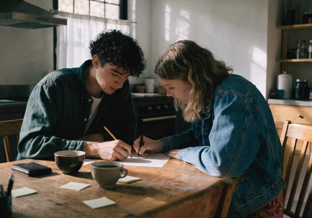 Couple writing down wedding theme questions and answers together