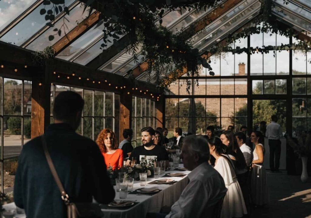 Botanical greenhouse-inspired wedding reception setup with hanging greenery