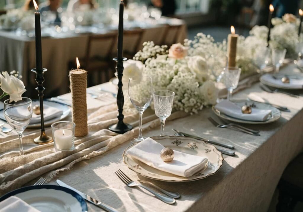 Wedding reception table set with vintage plates and candlelit centerpiece