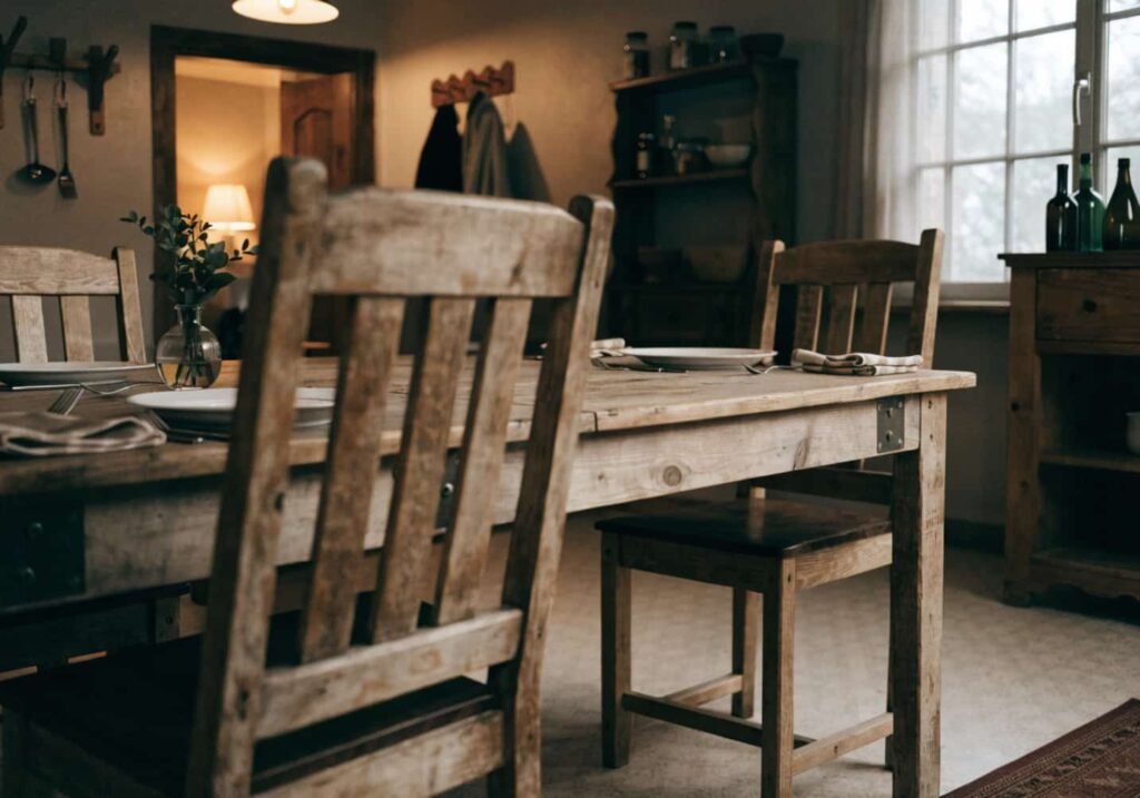 Farmhouse style folding dining table set up for a family meal