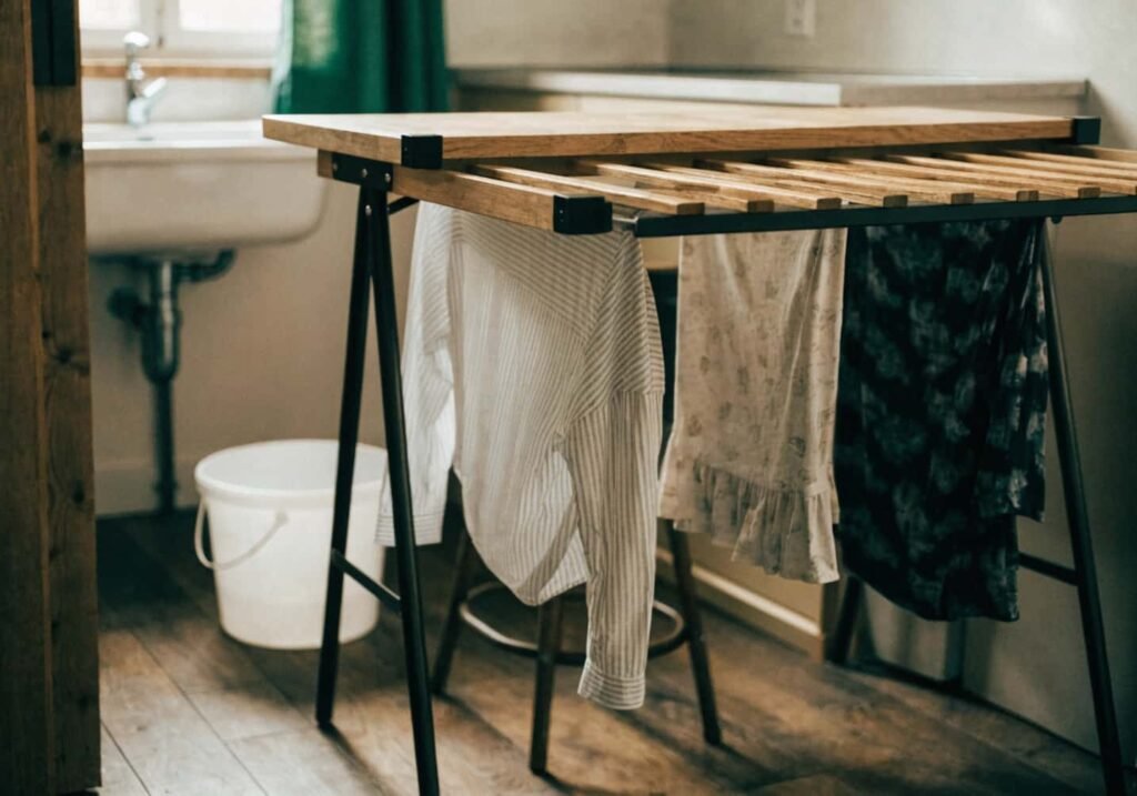 Folding table with a pull-out drying rack positioned near the laundry sink