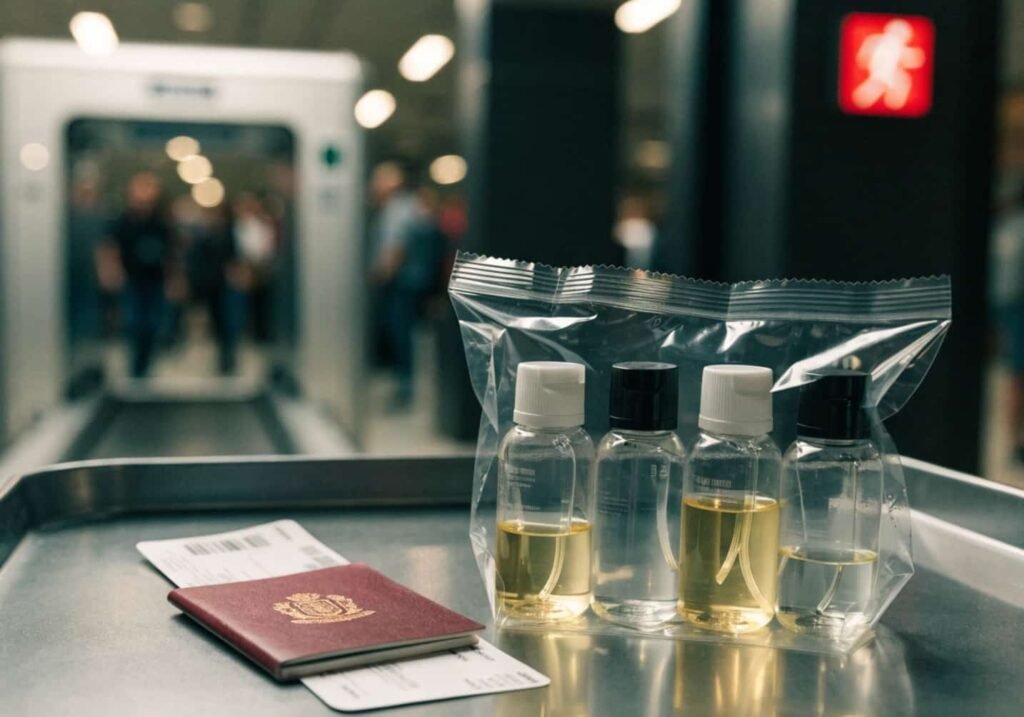Collapsible water bottle and healthy snacks packed for a long flight