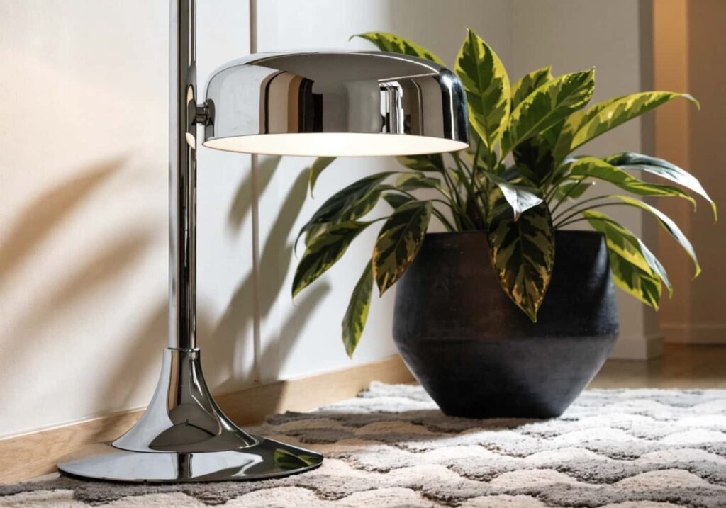 Chrome floor lamp paired with a leafy plant and textured rug