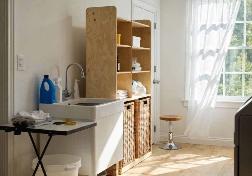 Two-tier storage tower placed beside the sink and folding counter