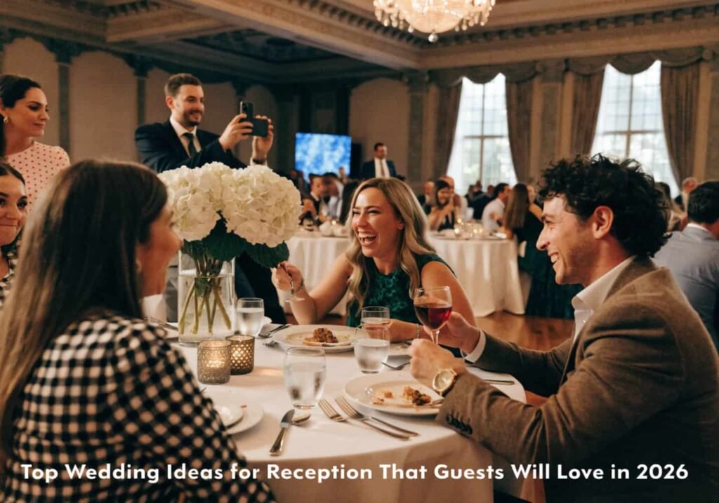 Wedding guests relaxing in a cozy lounge seating area during the reception