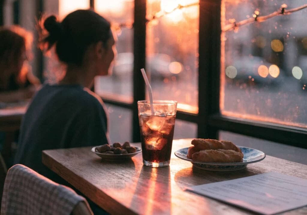 Golden hour aesthetic cafe photo with warm sunset lighting