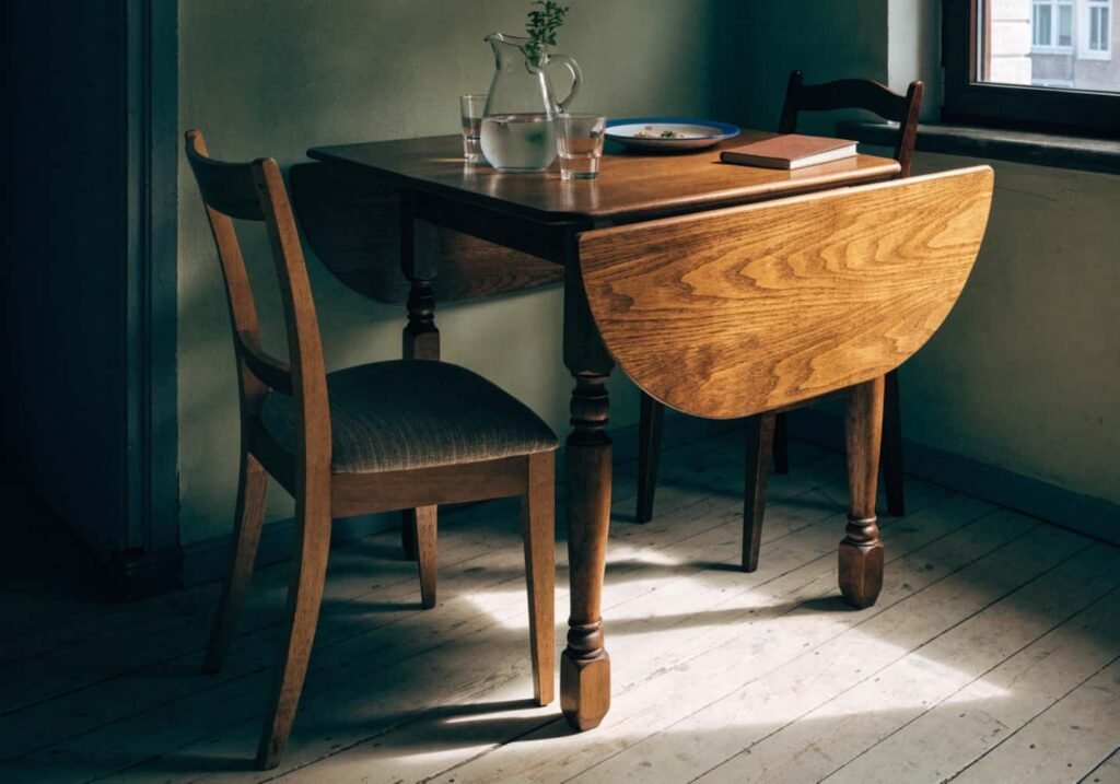 Drop-leaf dining table with one side folded down to save space