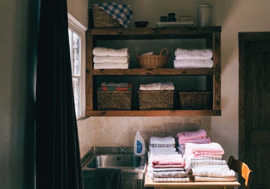 Open shelving positioned above the sink and folding station