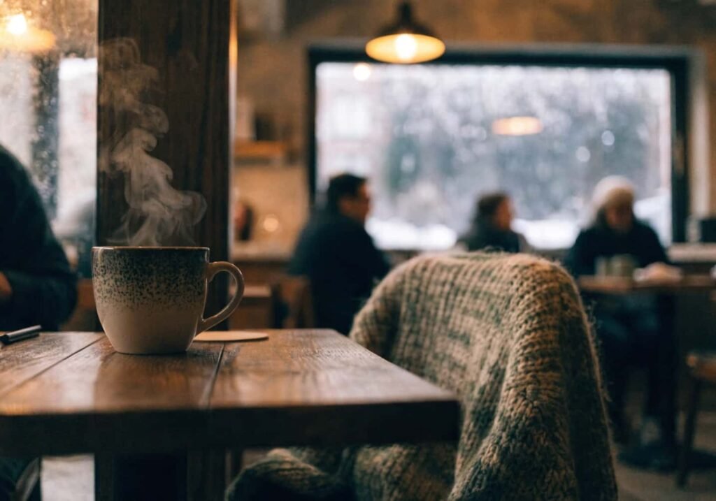 Cozy winter aesthetic cafe photo with steaming coffee mug