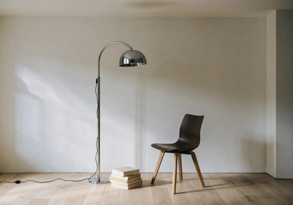 Chrome floor lamp in a calm minimalist reading nook setup