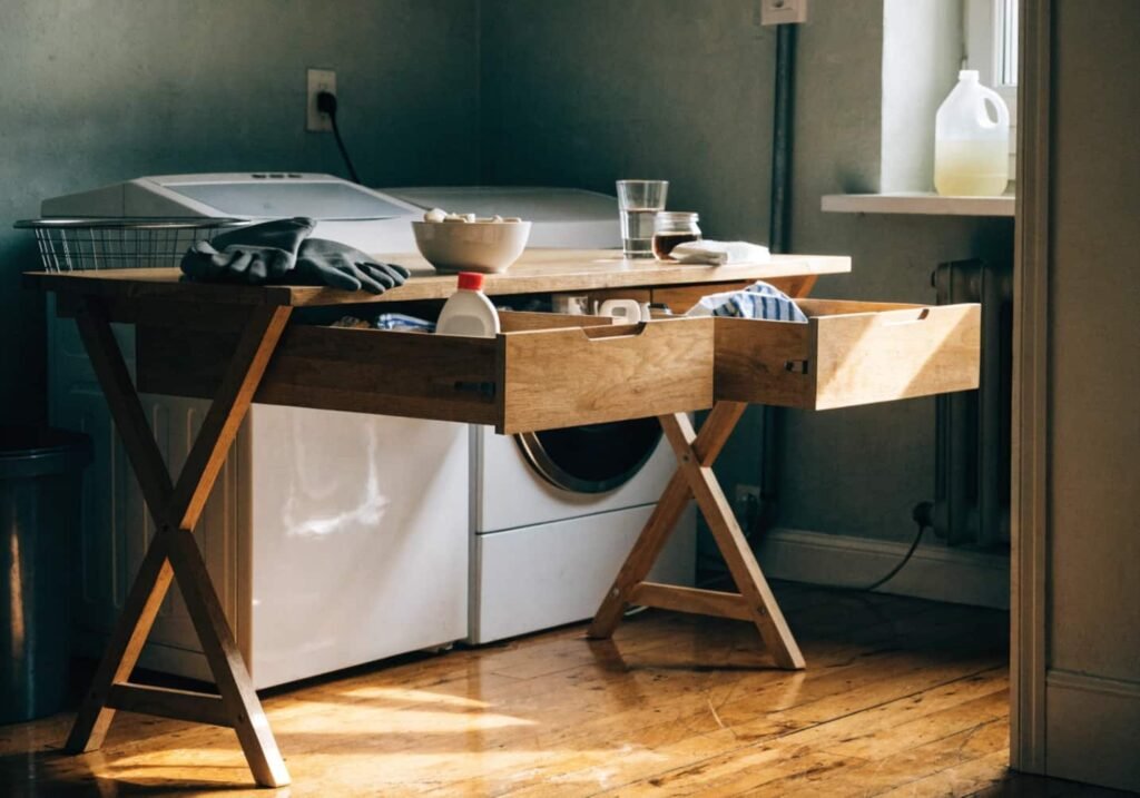 Hidden storage drawers built underneath the laundry folding table