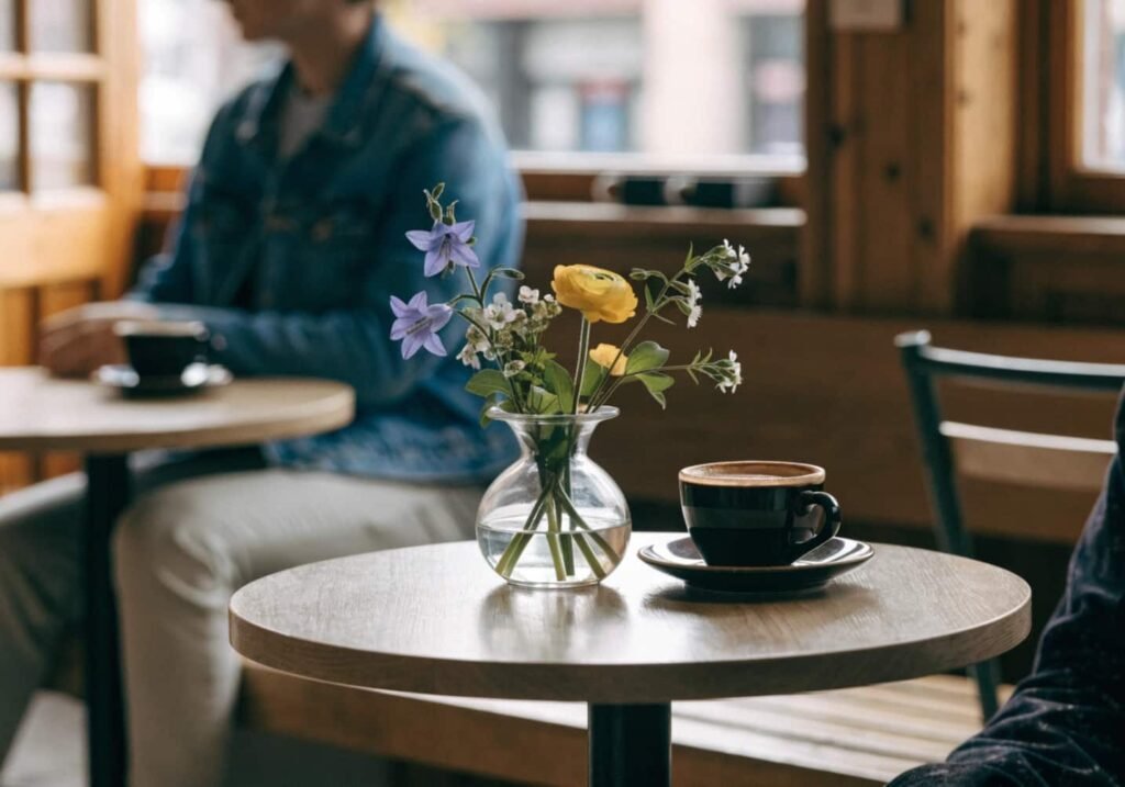 Spring floral aesthetic cafe photo with fresh flowers and coffee