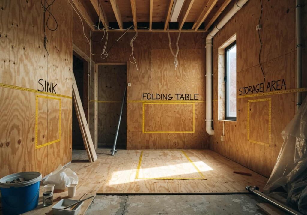 Planning the layout for a laundry room sink, storage, and folding table combo