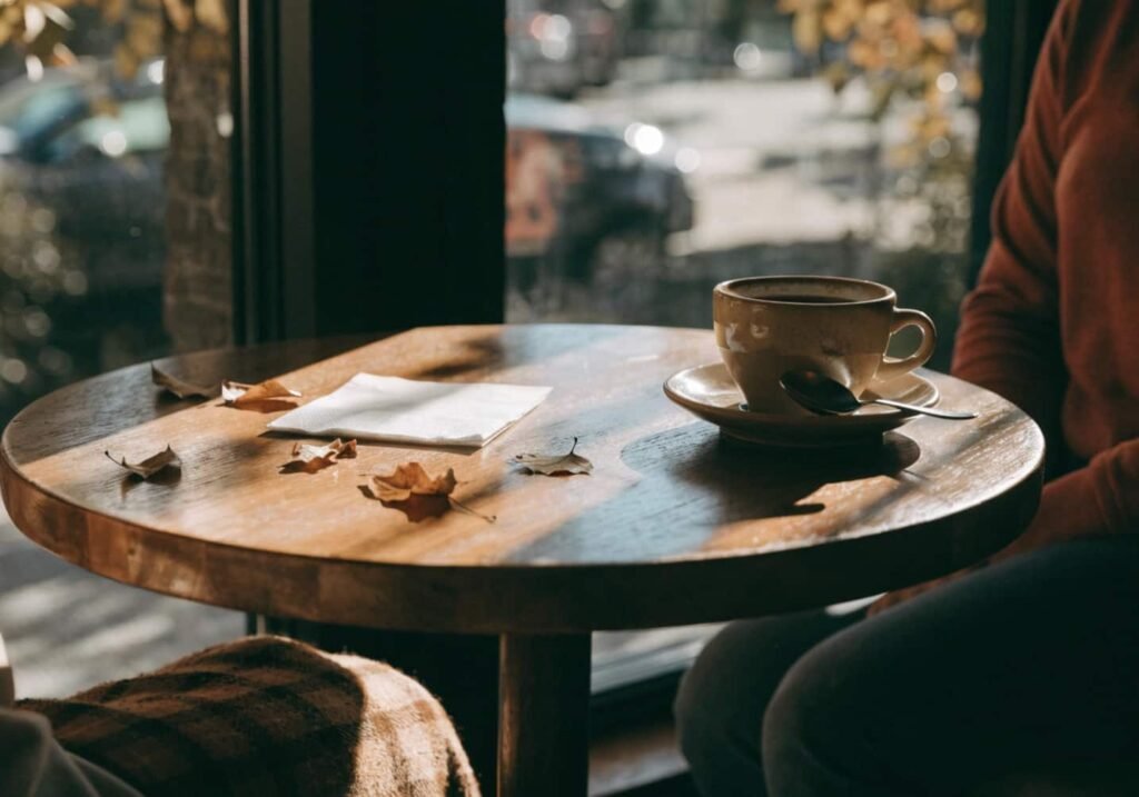 Autumn warm tone aesthetic cafe photo with fallen leaves