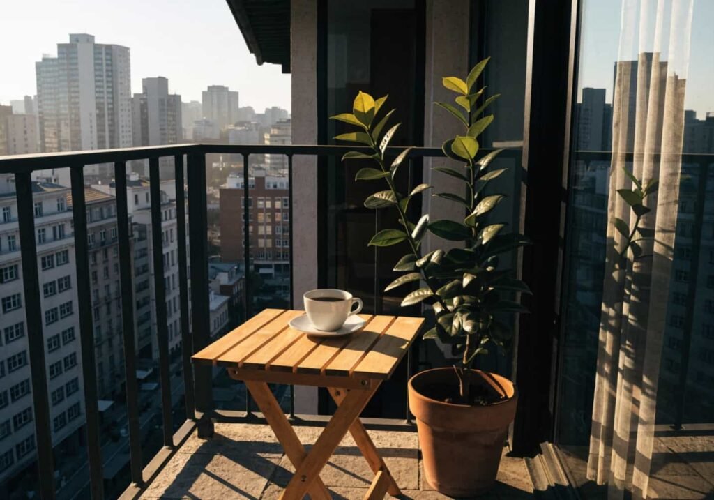 Folding table set up on a small apartment balcony
