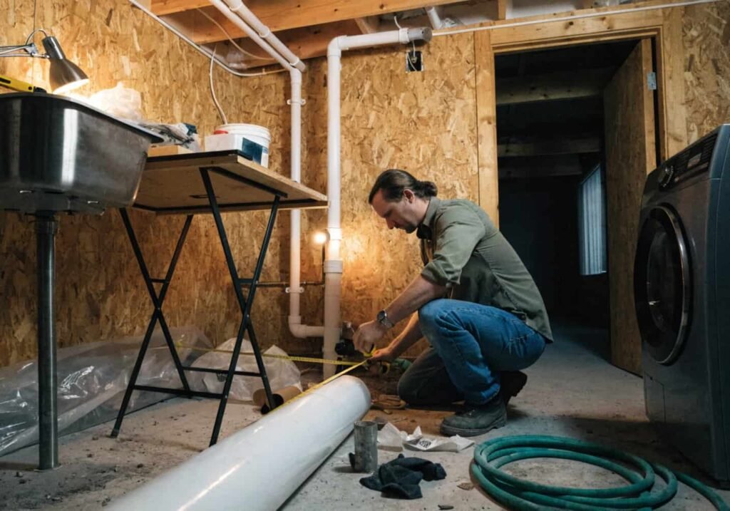 Checking plumbing and space measurements before building a laundry room combo