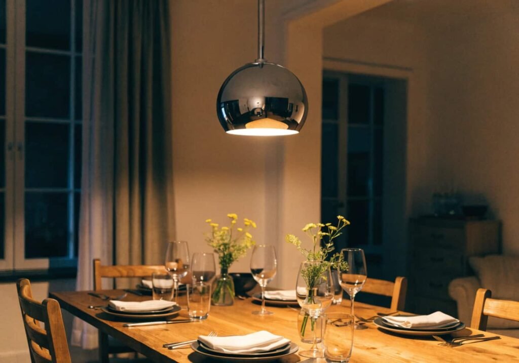 chrome pendant light hanging above wooden dining table at dinner time