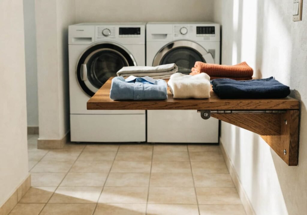 Fold-down laundry room table used for sorting clothes