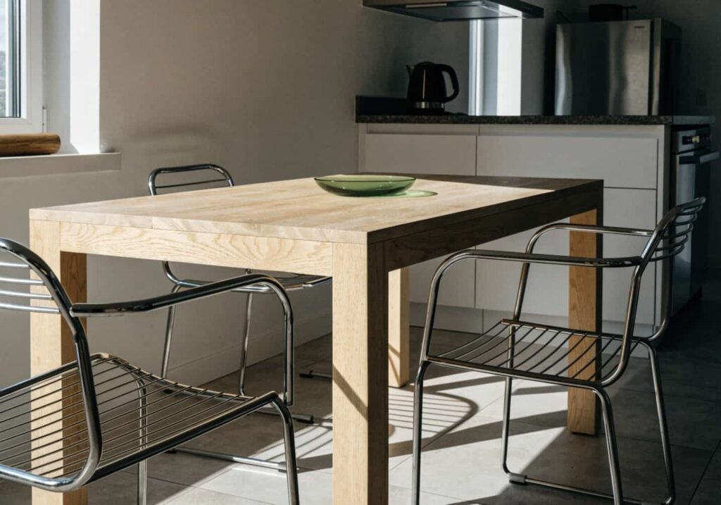 chrome-legged dining chairs around wooden table in bright kitchen
