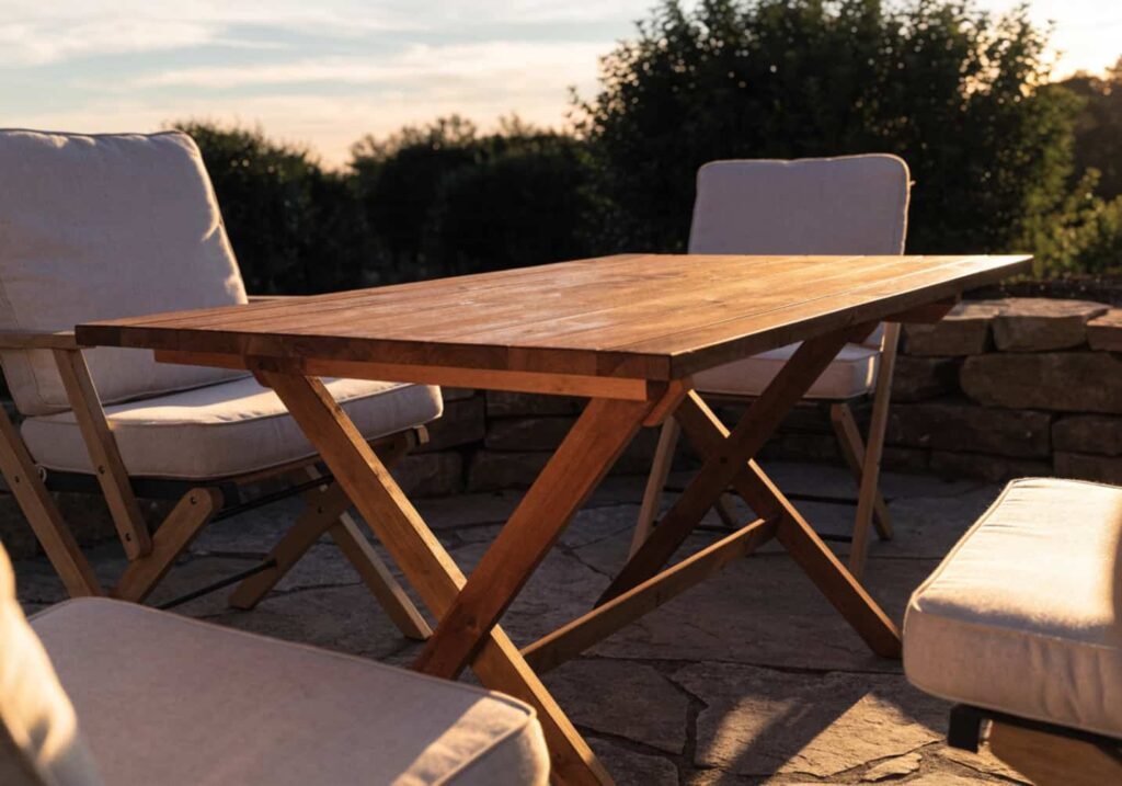 Cedar wood folding table set up on an outdoor patio