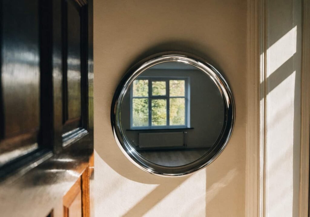 round chrome-framed mirror on hallway wall reflecting natural light