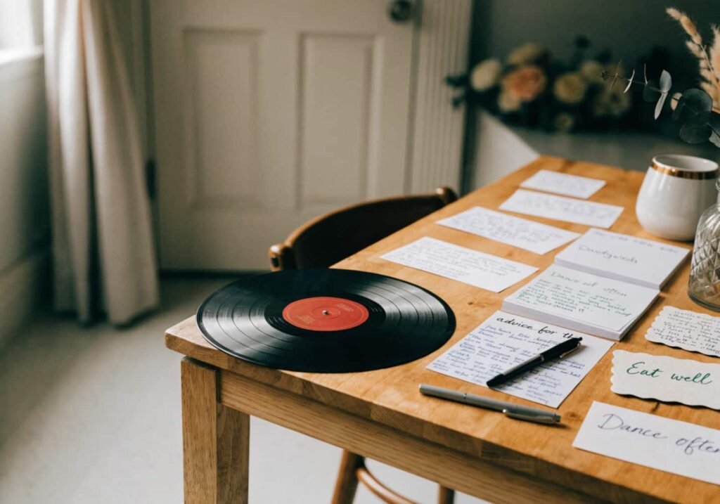 Vinyl record guest book alternative with handwritten advice cards at a wedding