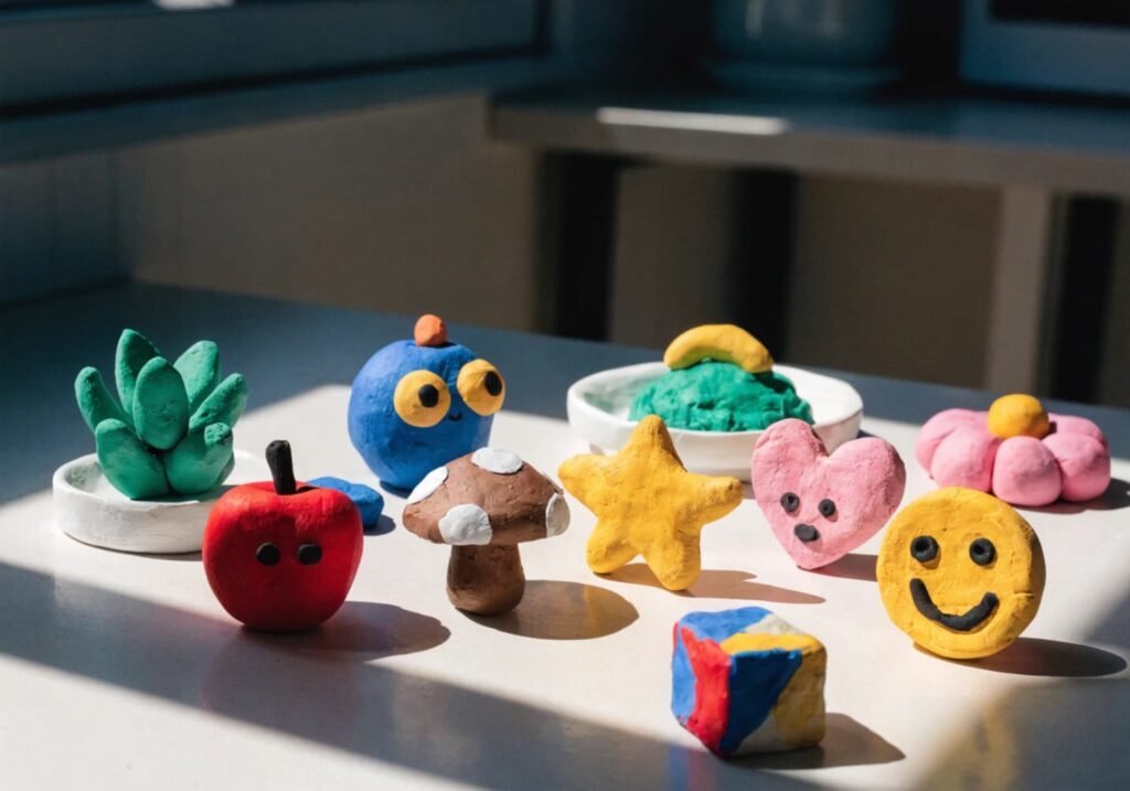 Collection of ten small handmade clay figures displayed together on a table