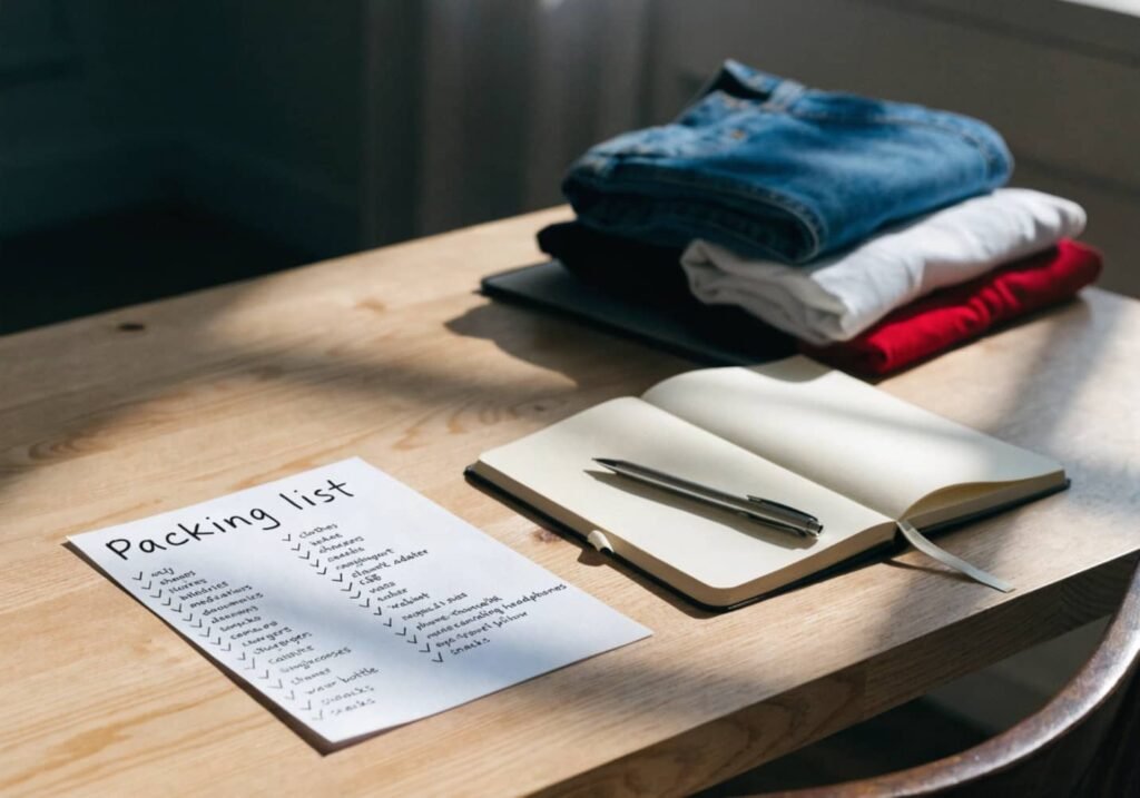 Handwritten packing checklist on a table next to folded travel clothes