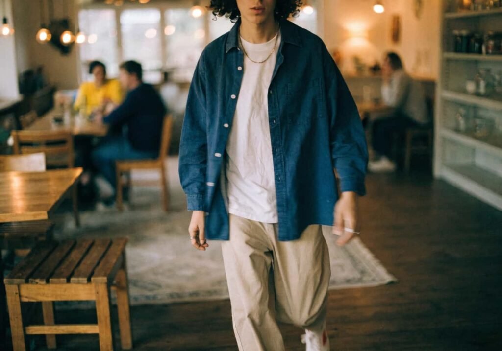 Candid photo of a person walking naturally inside a cafe.