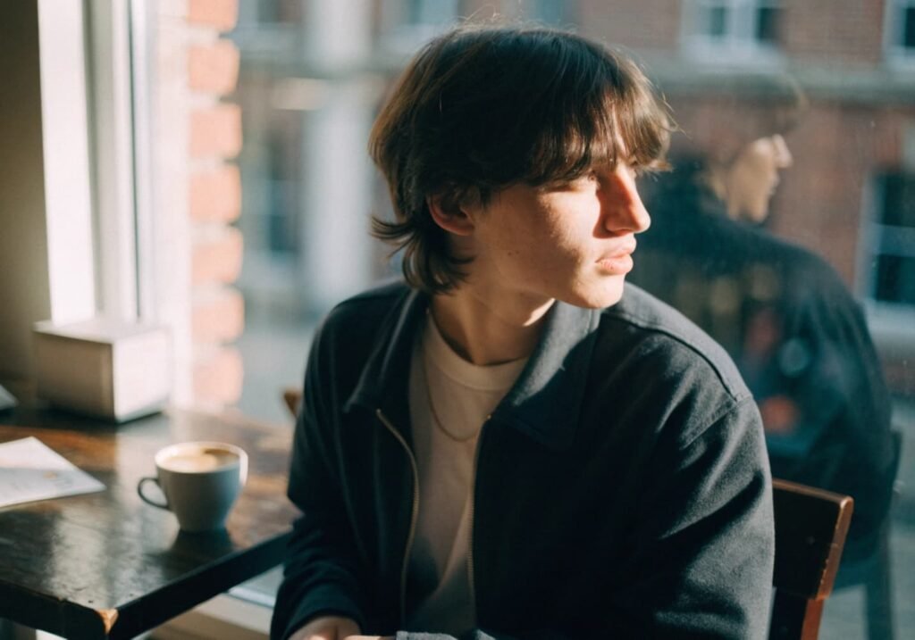 Person sitting near a cafe window with soft natural light