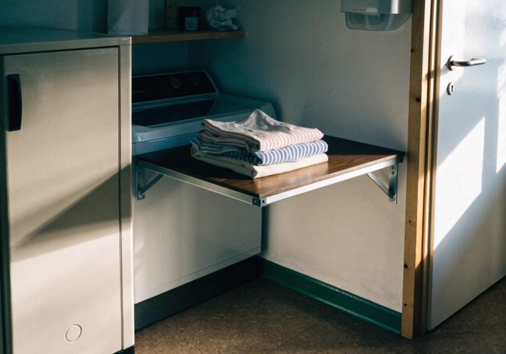 Corner triangular fold-up laundry table for small spaces