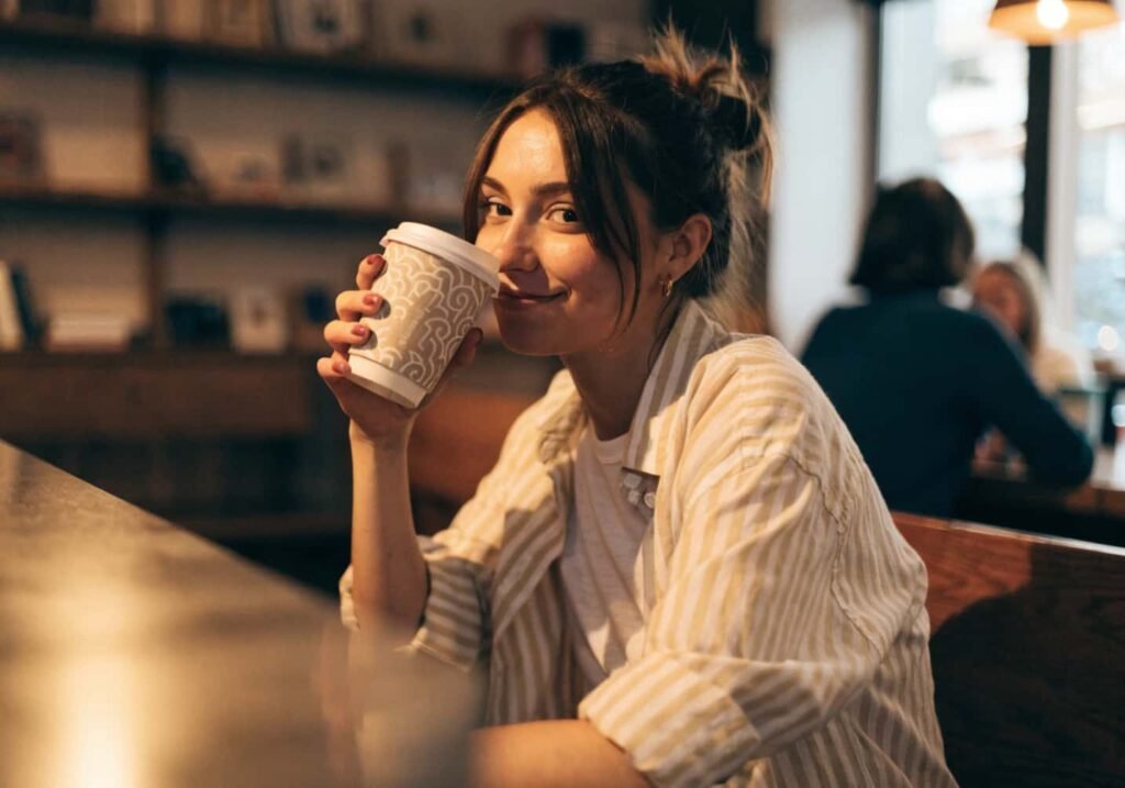 Woman casually holding a coffee cup and smiling in a warm-lit cafe