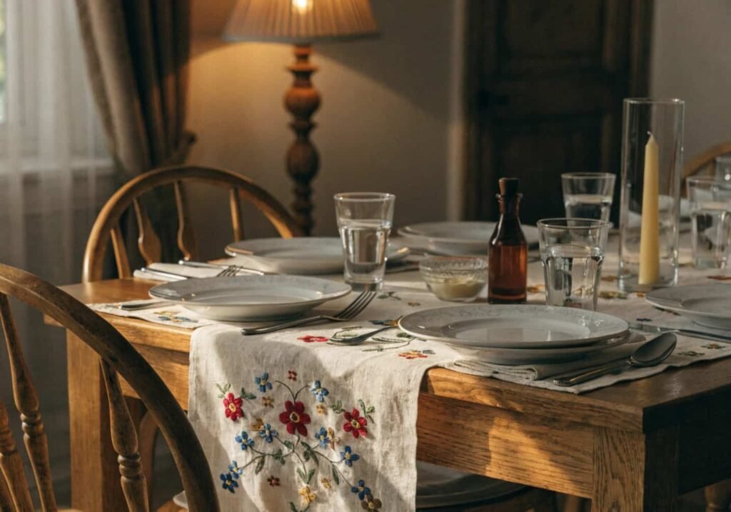 Dining table decorated with embroidered table runner and matching placemats