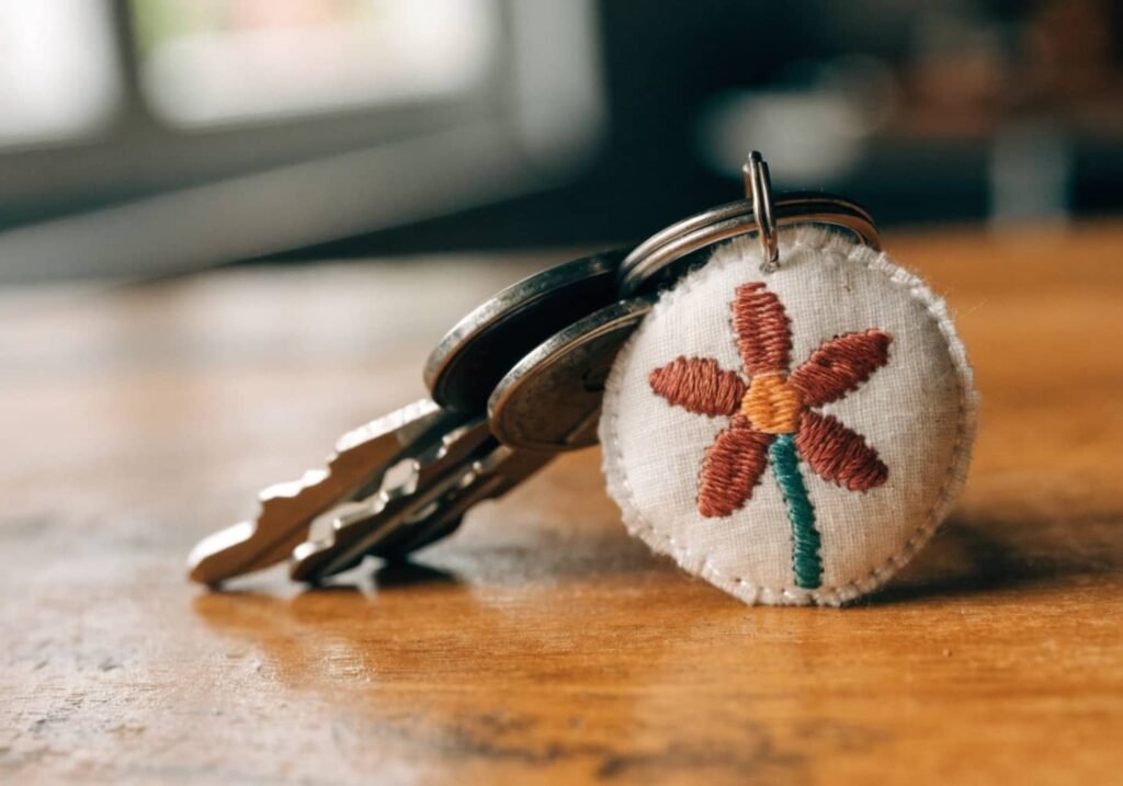 Handmade embroidered keychain with a small flower design as a personal gift idea