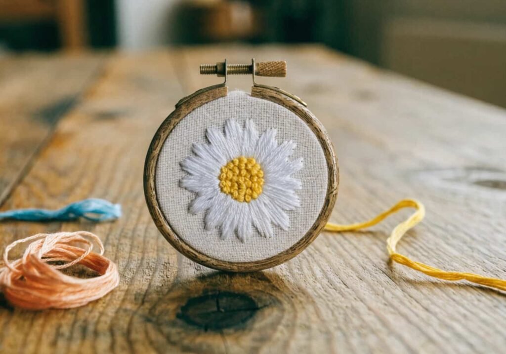 A small finished daisy pattern embroidered inside a mini hoop