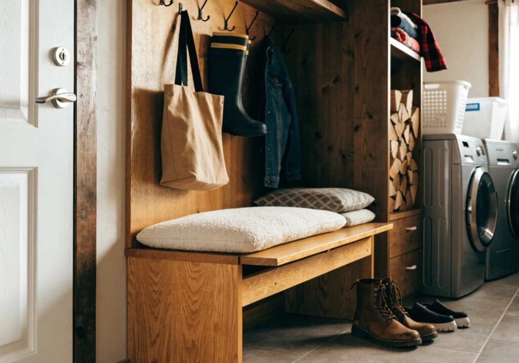 Floating wood shelf used as a laundry folding surface above washer and dryer