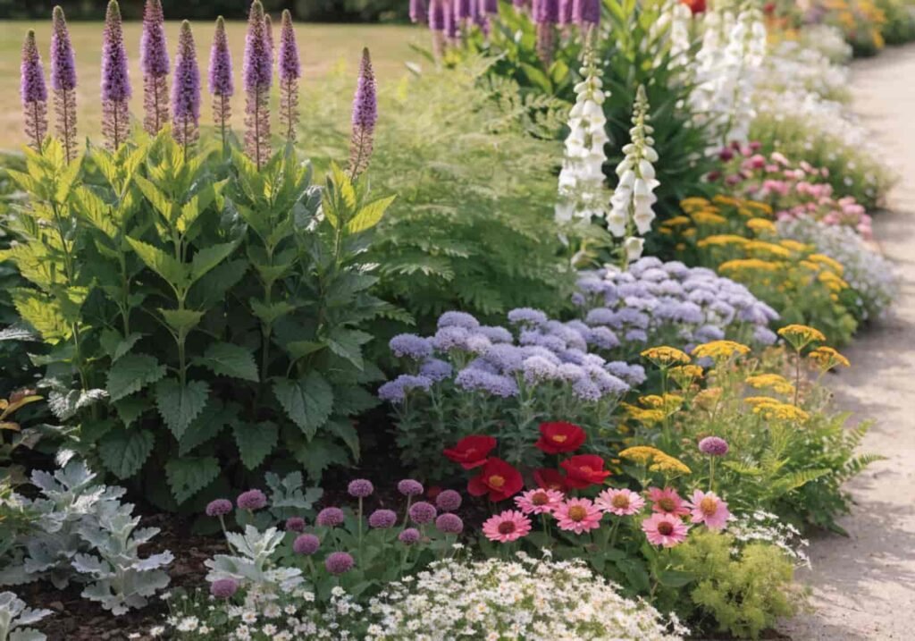 Layered flower bed and border arrangement in a big garden