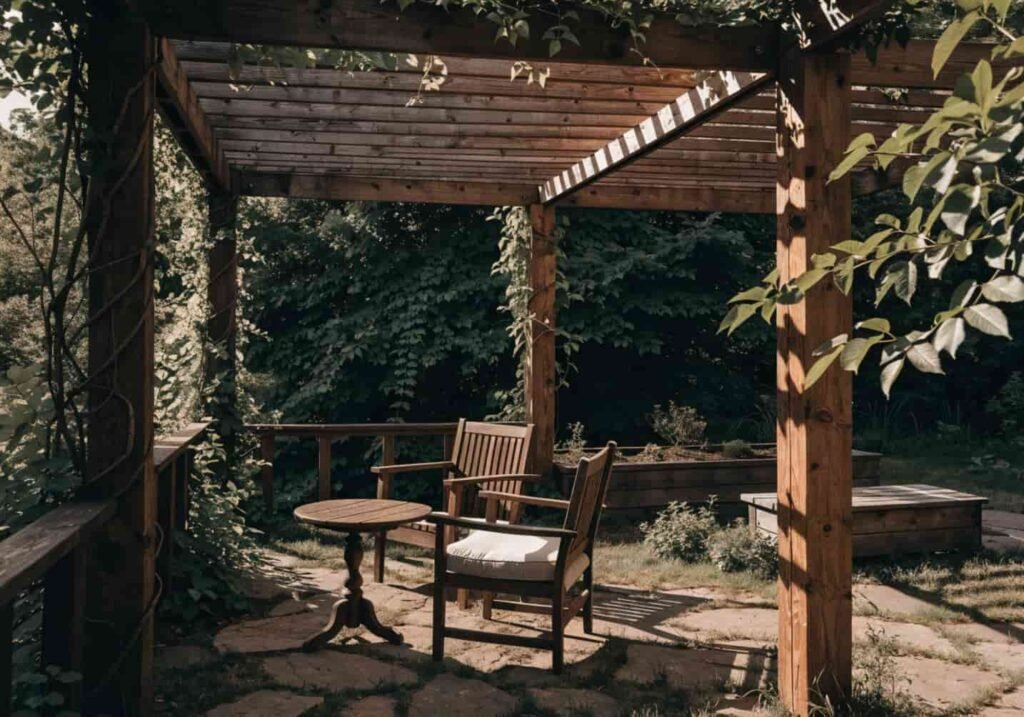 Wooden pergola with climbing vines providing shade over backyard patio seating