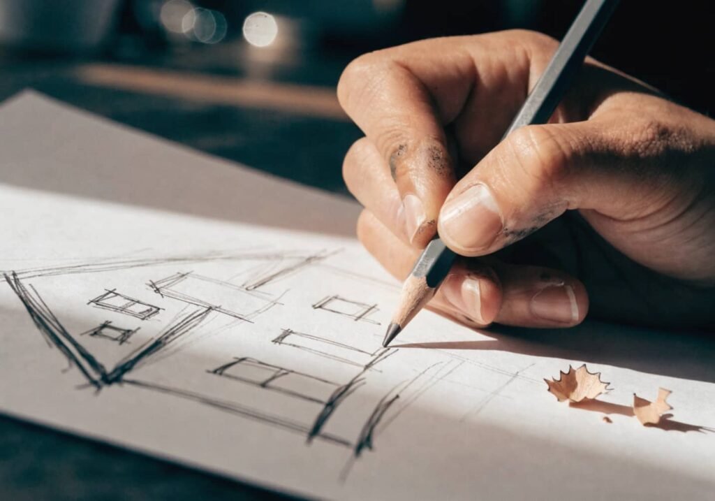 Hand drawing simple square windows and a door onto a beginner house sketch