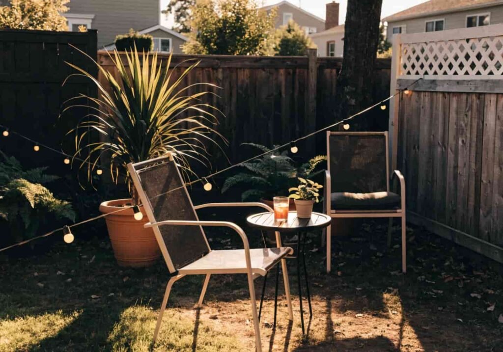 Cozy backyard seating area set up as an outdoor living space