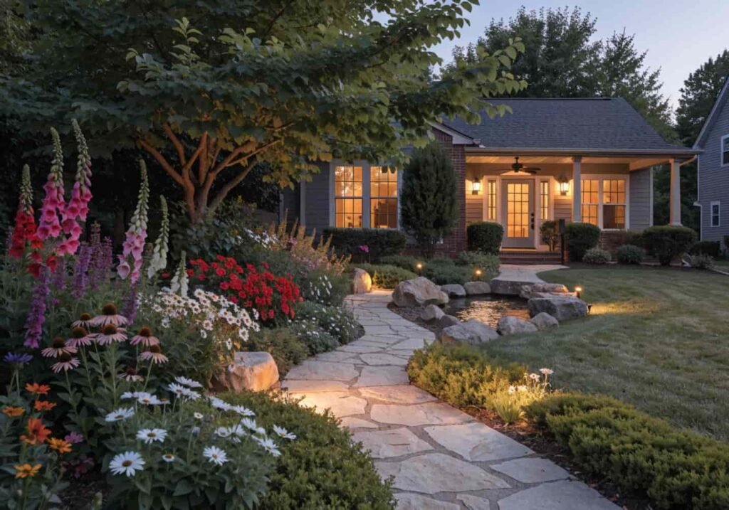House front yard with a flower-lined pathway and a small fountain