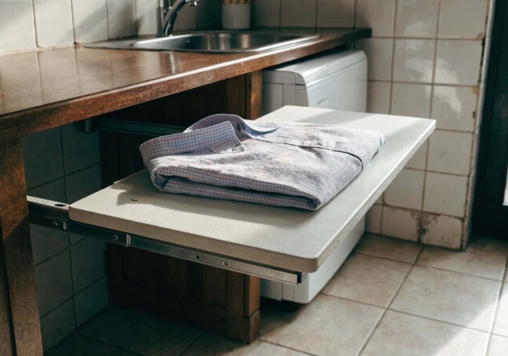 Slide-out folding board pulled from under a laundry room counter