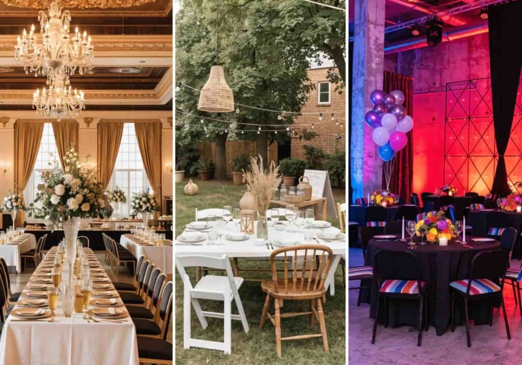 Three types of wedding reception themes: classic, casual, and bold styles compared