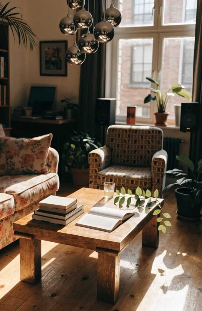 Cluster of chrome globe pendant lights above a wooden coffee table in a cozy living room