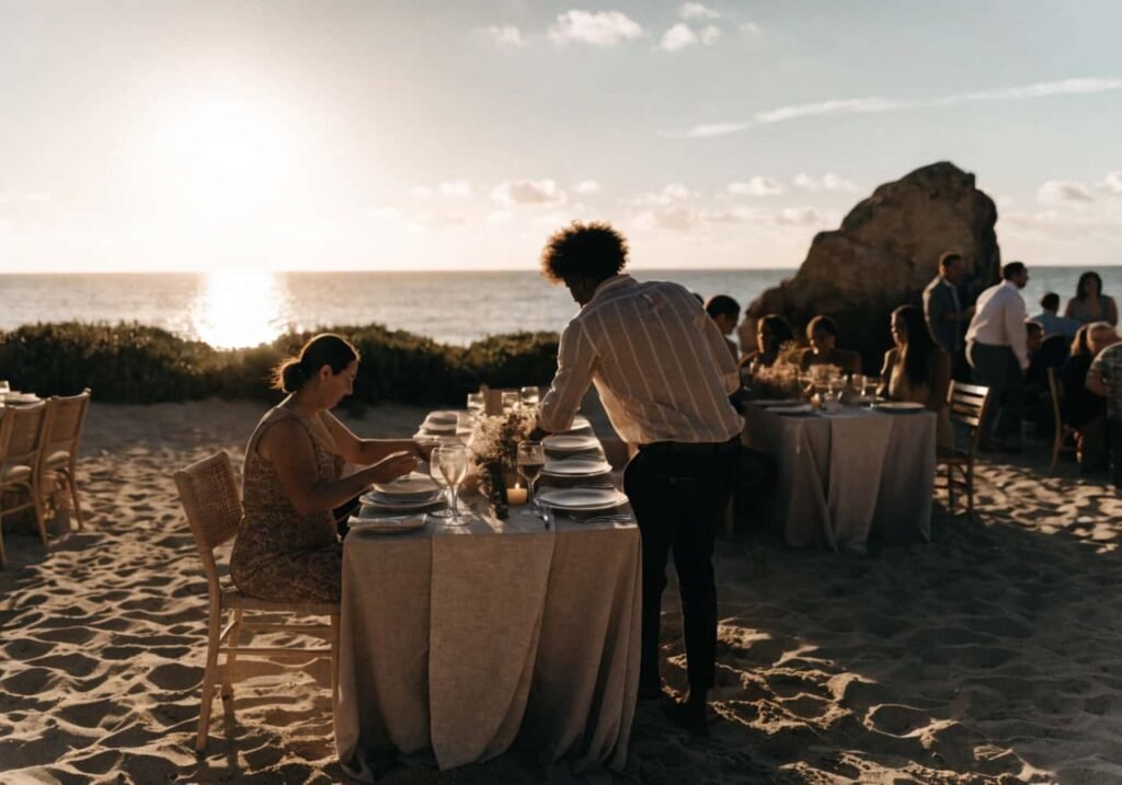 Coastal beach-chic wedding reception decor with neutral linen tones