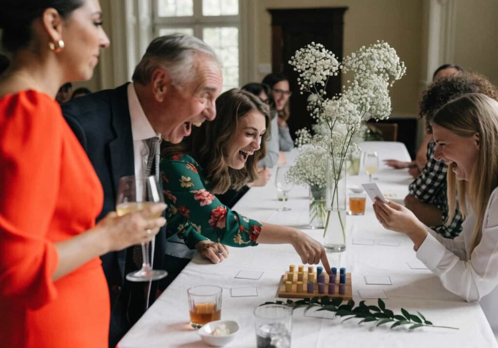 Wedding guests playing a table game and laughing during the reception