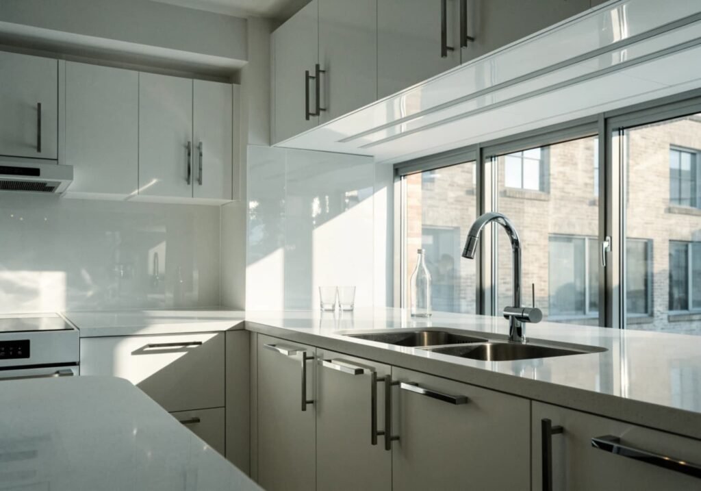 modern kitchen with chrome cabinet handles and chrome faucet on white countertop