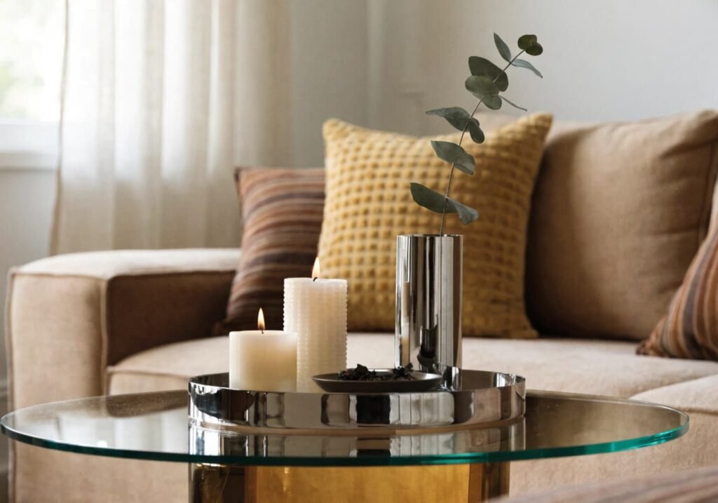 coffee table styled with chrome tray, chrome vase, and lit candles